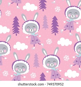 seamless bunny rabbit ice skating pattern vector illustration