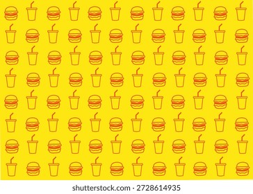 Ilustración de patrón de hamburguesa y bebida sin fisuras con fondo amarillo, empaque de alimentos, ilustración de menú
