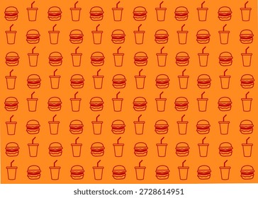 Ilustración de patrón de hamburguesa y bebida sin fisuras con fondo naranja, empaque de alimentos, ilustración de menú