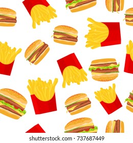 Seamless Burger and French Fries Pattern Background. Vector illustration