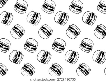 Nahtloses Burger-Illustrationsmuster mit schwarzem Umriss und weißem Hintergrund, Lebensmittelverpackung, Menügrafik