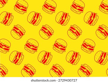 Nahtloses Burger-Illustrationsmuster mit rotem Umriss und gelbem Hintergrund, Lebensmittelverpackung, Menügrafik