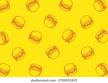 Modelo inconsútil de la ilustración de la hamburguesa con el fondo amarillo, empaquetado de la comida, ilustración del menú