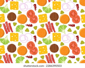 Seamless Burger ingredients pattern. Cartoon hamburger recipe repeated pattern. Fast food design. Flat design for menu cafe, restaurant For textile, wrapping paper, wallpaper, cover design