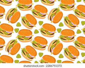 Patrón de hamburguesa sin foco. Hamburguesa de dibujos animados y rebanada de pepinos encurtidos. Impresión de comida rápida para café de menú, restaurante Para textiles, papel de envoltura, papel pintado, scrapbooking. Una dieta poco saludable.