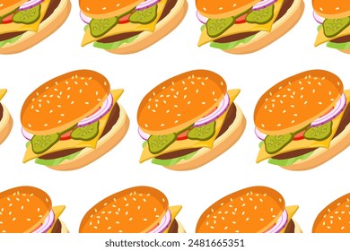 Seamless Burger pattern. Cartoon hamburger repeated pattern. Fast food print. Flat design for menu cafe, restaurant. For textile, wrapping paper, wallpaper, cover design, scrapbooking. Unhealthy diet