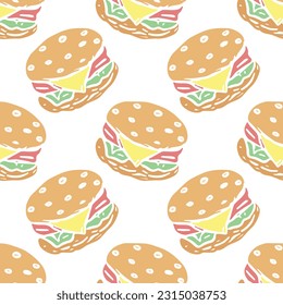 Seamless burger pattern. Drawn hamburger background. Doodle vector hamburger illustration