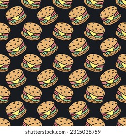 Seamless burger pattern. Drawn hamburger background. Doodle vector hamburger illustration