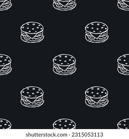 Seamless burger pattern. Drawn hamburger background. Doodle vector hamburger illustration