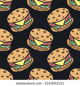 Seamless burger pattern. Drawn hamburger background. Doodle vector hamburger illustration