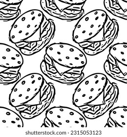 Patrón de hamburguesas sin foco. Borró el fondo de la hamburguesa. Ilustración de hamburguesa con vector de Doodle