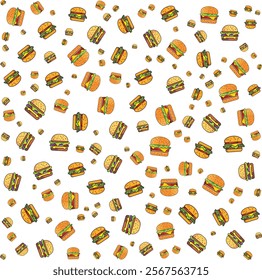 Seamless burger pattern. Drawn hamburger background. Doodle vector hamburger illustration