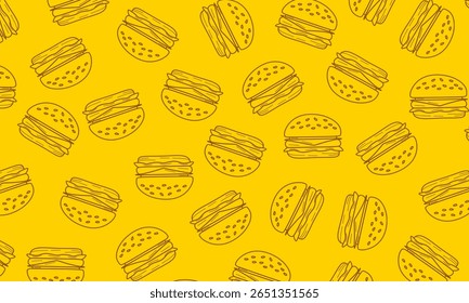 Padrão de hambúrguer perfeito. padrão perfeito de hambúrguer no estilo doodle. Fast food padrão sem emenda. Modelo de plano de fundo para design de restaurante