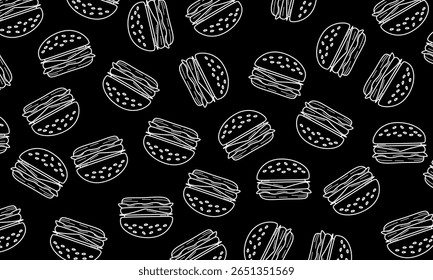 Padrão de hambúrguer perfeito. padrão perfeito de hambúrguer no estilo doodle. Fast food padrão sem emenda. Modelo de plano de fundo para design de restaurante