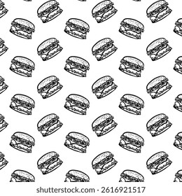 Seamless Burger Pattern – Hand Drawn Black and White Cheeseburger Vector Background