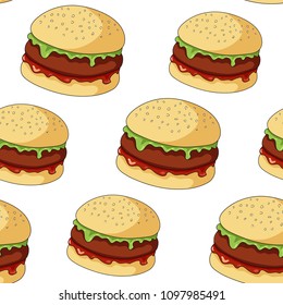 Seamless burger pattern on white background. Appetizing burger with a cutlet, green salad and ketchup in cartoon style. Hand drawing of fast food. Vector illustration for menu, banner, flyers.