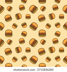 Modelo inconsútil de la hamburguesa en el fondo amarillo, diseño juguetón del Vector de la comida rápida para empaquetar o imprime.