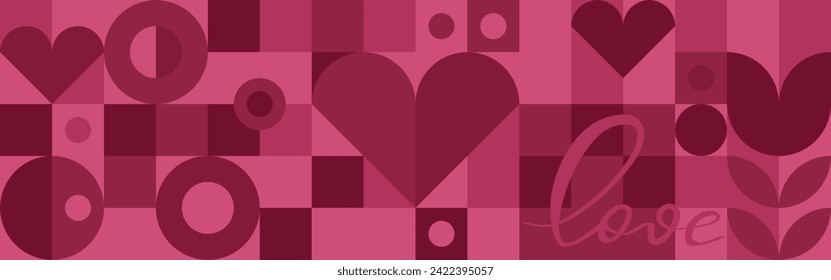 Seamless burgundy background with hearts for Valentine's Day. Trendy red geometric shapes with circles, squares in retro style for Mother's Day or wedding cover.