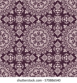 Seamless burgundy background with light burgundy pattern in baroque style. Vector retro illustration. Ideal for printing on fabric or paper.