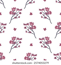 Seamless burgundy floral branch pattern white background, simple universal decorative, elegant modern repeat nature delicate charming stylish, textile cozy botanical fabric, flowers