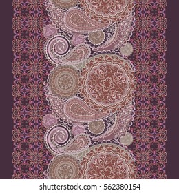 Seamless burgundy vertical lace pattern with paisley and geometric symbols. Traditional ethnic ornament. Vector background. Use for decoration, pattern fills,textile design.





