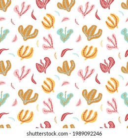 Seamless bushes, twigs and leaves of plants on a white background. For textile products or backgrounds. Vector illustration.