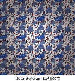 Seamless business pattern. Seamless pattern with bitcoin and dollars on white, blue and black background. Vector illustration. Use for logos, print products.