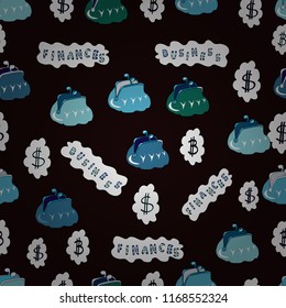 Seamless business pattern. Seamless pattern with bitcoin and dollars on black, white and blue background. Vector illustration. Use for logos, print products.
