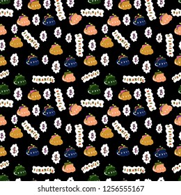 Seamless business pattern. Bitcoin. Business pattern on black, white and yellow background. Vector. Dollars.