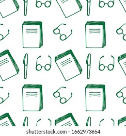 Seamless business pattern, daily planner, glasses and pen, vector doodle illustration, green color