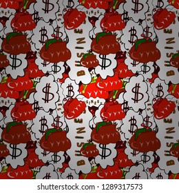 Seamless business pattern. On brown, white and red colored background. Flat style. Bitcoin concept. Block chain, finance symbol. Digital money. Vector illustration. Cryptocurrency logo sigh.