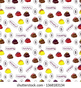 Seamless business pattern. On yellow, white and brown colored background. Vector illustration. Bitcoin growth concept. Bitcoin revenue illustration.