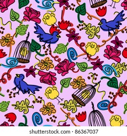 Seamless busy pattern of child like colorful doodles with birds, cage, flowers and leaves over pale purple background.