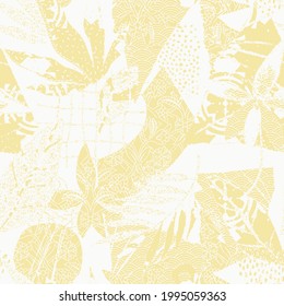 Seamless buttercream yellow abstract doodle background pattern in bright summer positive colors. Hand-drawn abstract pattern with palm leaf, shapes, flowers lines. Pencil and paint texture.