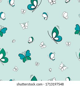 Seamless butterflies pattern with blue background. A lot of doodle insects flying around. Childlike vector illustration. Unpainted cartoon elements. 
