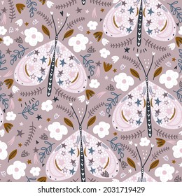Seamless butterflies pattern. Creative botanical moths with constellation, stars and moons. and flowers Great for fabric, textile. Vector illustration