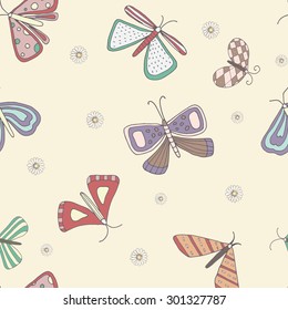 Seamless butterflies pattern in doodle style.