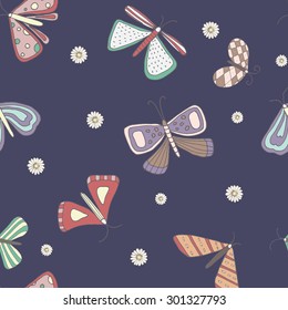 Seamless butterflies pattern in doodle style.