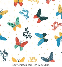 Seamless Butterflies pattern. Insect ornament with dots background. Happy birthday pattern.