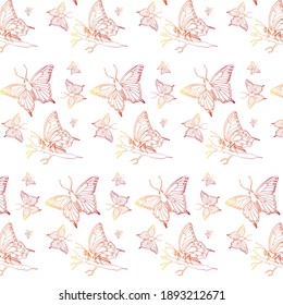 Seamless butterflies pattern on white background. Gradient insects for textiles, packaging, card