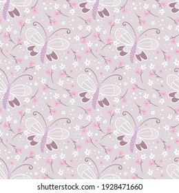 Seamless butterflies pattern in Scandinavian style. Perfect for fabric, wallpaper, wrapping paper, invitation, crafts. Cute delicate butterflies with pink flowers.