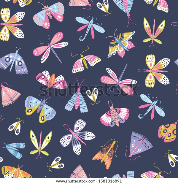 スバンジナビア風のシームレスな蝶の柄 布 壁紙 包装紙に最適 のベクター画像素材 ロイヤリティフリー 1581016891