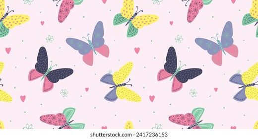 Seamless Butterflies pattern for textile, kids clothes, fabric, wrapping paper. Insect ornament with dots and hearts background.