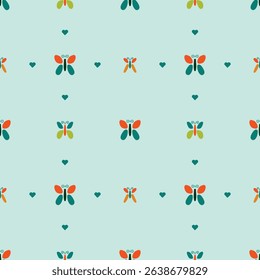 Seamless butterfly backdrop with small hearts. Orange, teal, yellow, turquoise butterflies. Pastel mint green background. Cute cartoon nature bugs and insects. Child friendly and retro style. EPS 10.