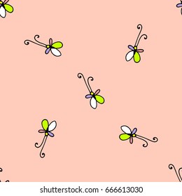 Seamless butterfly cartoon pattern delicate pastel colors. Butterfly cartoon pattern in thin line style. Infinitely repeating motif of natural forms. Pen strokes background. Vector illustration.