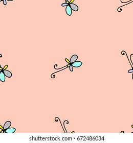 Seamless butterfly cartoon pattern delicate pastel colors. Butterfly cartoon pattern in thin line style. Infinitely repeating motif of natural forms. Vector illustration.