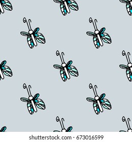 Seamless butterfly cartoon pattern delicate pastel colors in thin line style. Infinitely repeating motif of natural forms. 