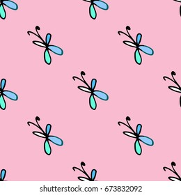 Seamless butterfly cartoon pattern delicate pastel colors. Butterfly cartoon pattern in thin line style. Infinitely repeating motif of natural forms. Vector illustration.