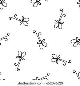 Seamless butterfly cartoon pattern.  Butterfly cartoon pattern in thin line style. Black and white vector doodle illustration.