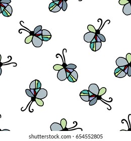 Seamless butterfly cartoon pattern. Butterfly cartoon pattern in thin line style. Vector doodle illustration.